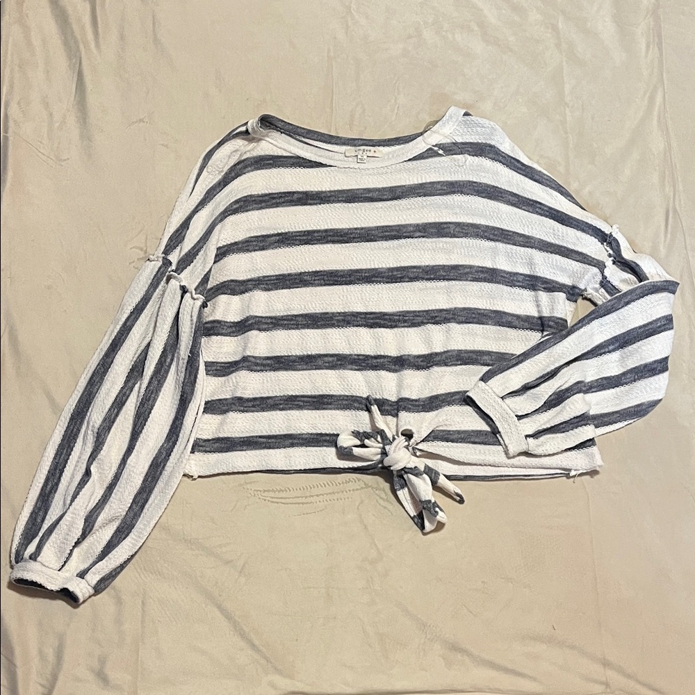 Umgee Striped Tie-Front Long Sleeve Top - White & Navy